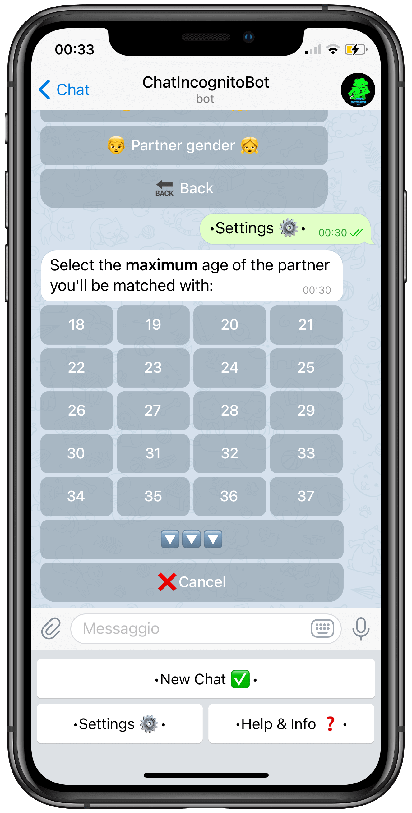 age settings on ChatIncognitoBot