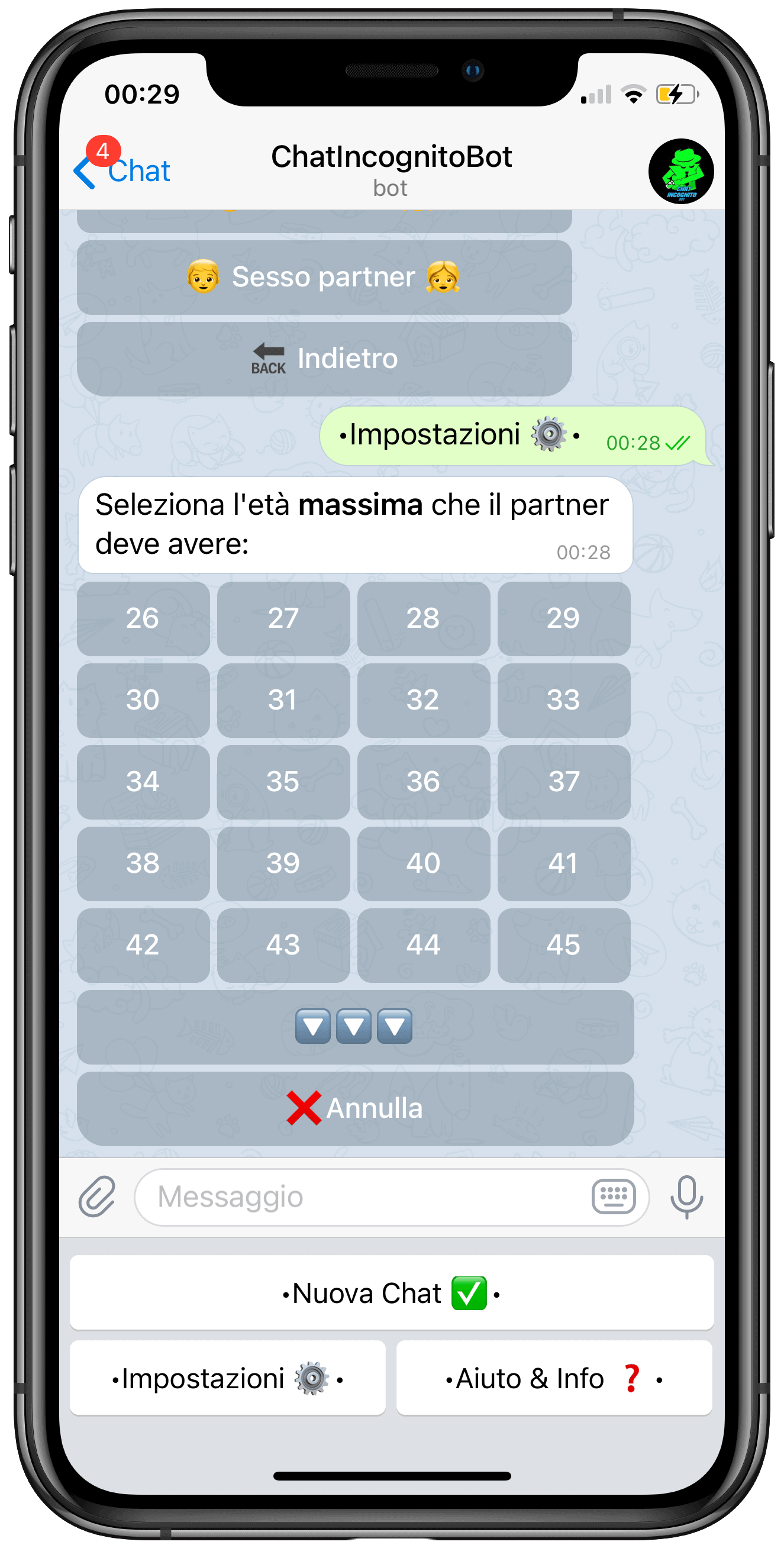 Impostazioni età su ChatIncognitoBot