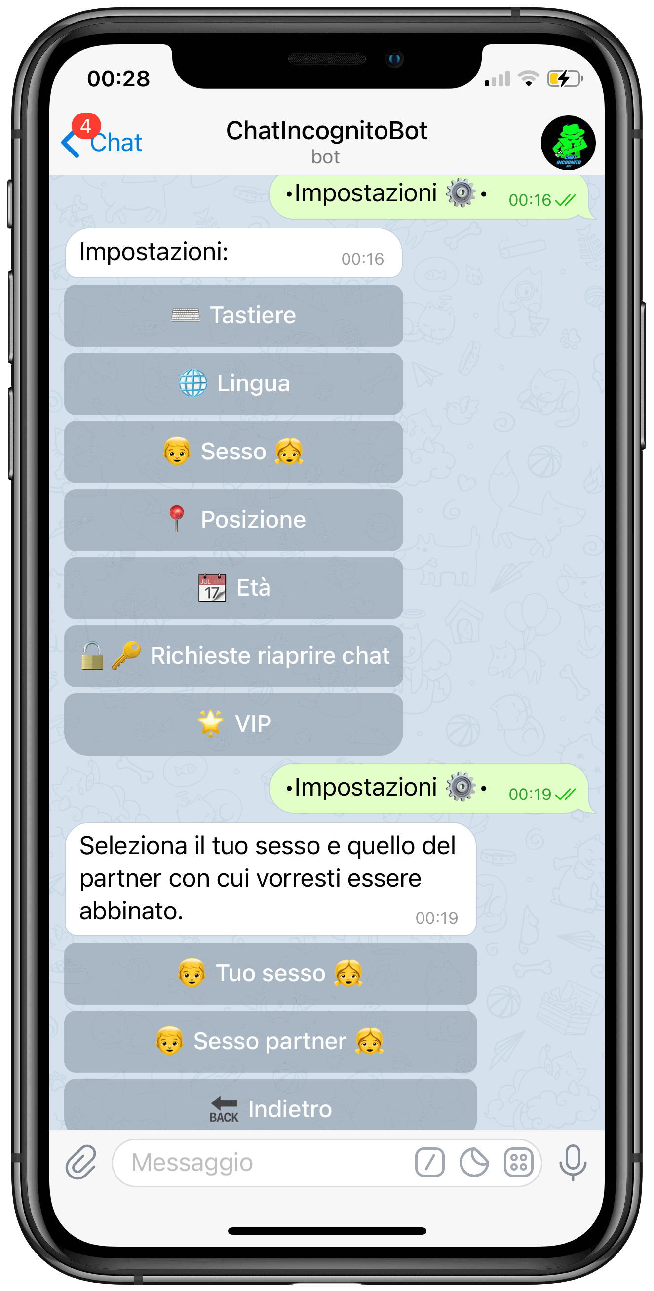 Impostazioni sesso su ChatIncognitoBot